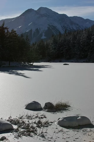 вода, река, небо, зима, природа, снег, солнце, пейзажи, деревья, лёд, горы