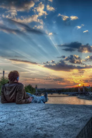 закат, hdr, париж, река