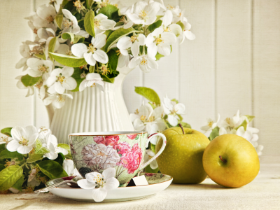 цветы, зеленые, чашка, жасмин, яблоки, чай, кувшин