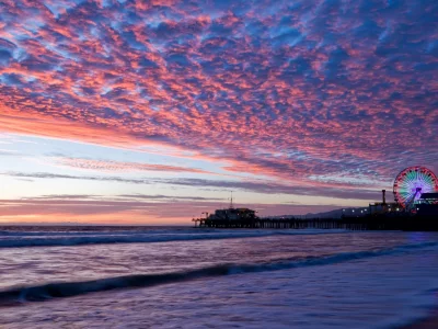 santa monica, море, вечер, горизонт, штат калифорния, санта - моника, сша, побережье, пирс, закат, небо