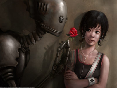 робот, rudy faber, robot in love, тату, роза, плеер, цветок, девушка, влюбленный