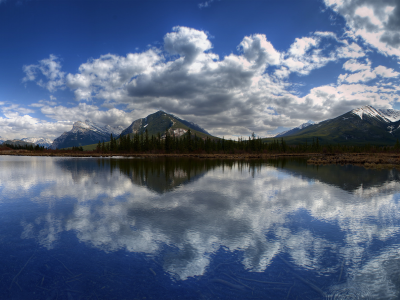 вода, лес, горы, облака