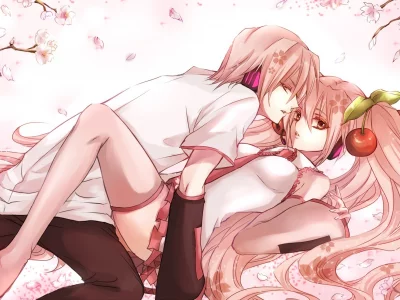 двое, вокалоид, vocaloid, вишня, сакура, розовые волосы