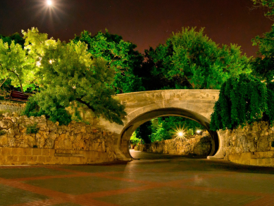 мост, ночь, деревья, парк