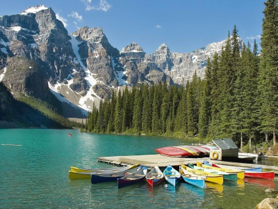 снег, фон, banff national park, лес, река, небо, лодки, горы