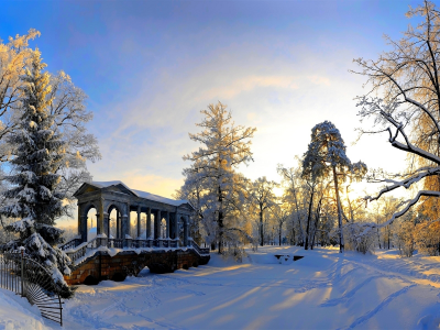 природа, парк, зима, беседка, деревья, снег, царское село