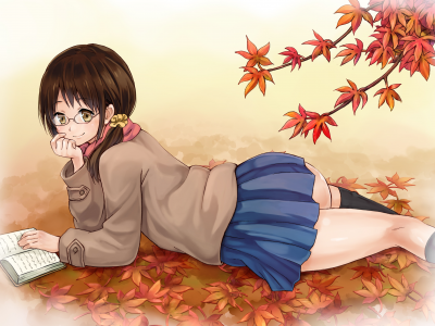 девочка, очки, осень, листья, рисунок, книга