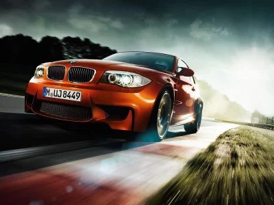 m1series, купе, деревья, bmw, оранжевый, полигон, солнце, дорога, облака, coupe