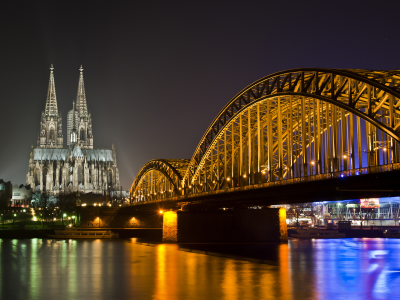 река, germany, огни, ночь, собор, мост, германия, cologne, rhine, кёльн