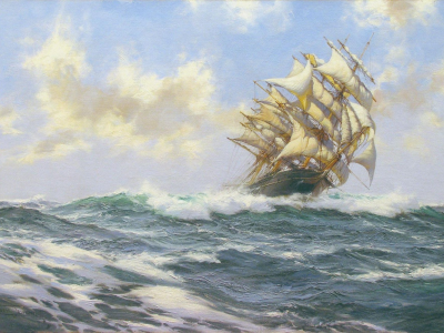 море, парусник, волны, корабль, montague dawson, облака