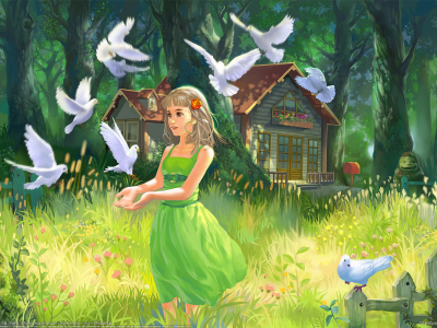 баба, голуби, лес, alex lei sheng, цветы, девочка, домик, каменная, забор