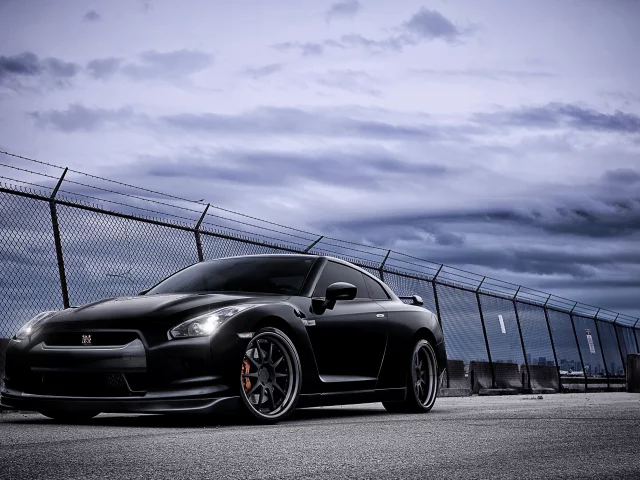 nissan, тучи, black, gt-r, небо