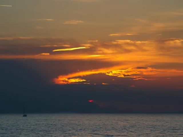 гладь, небо, закат, море, лодка