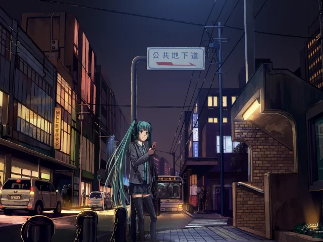машины, улица, вокалоид, мобильник, vocaloid, вечер, девушка