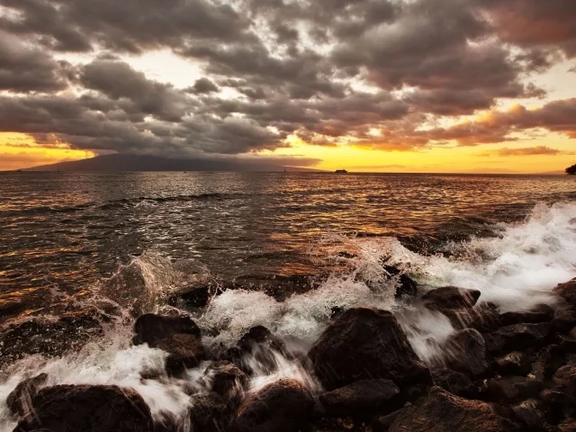 закат, море, небо, камни