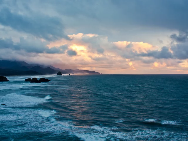 oregon coast sunset, haystack rock, ecola state park