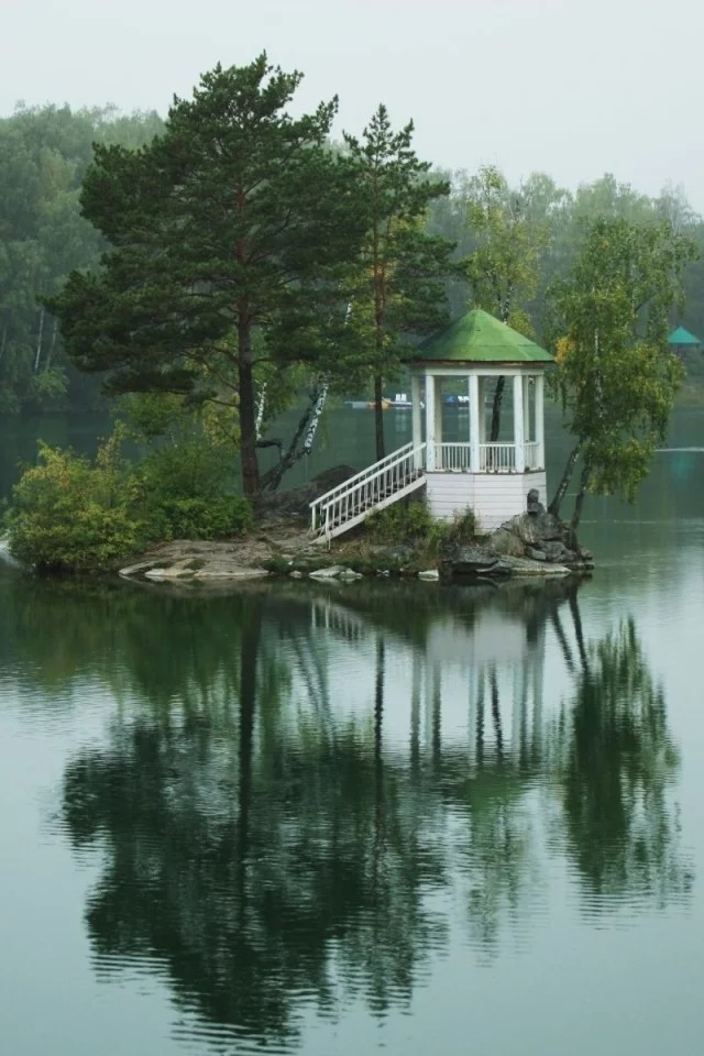 озеро, островок, пруд, беседка, вода, лес