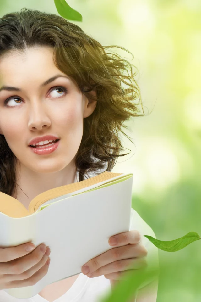 природа, листья, книга, девушка