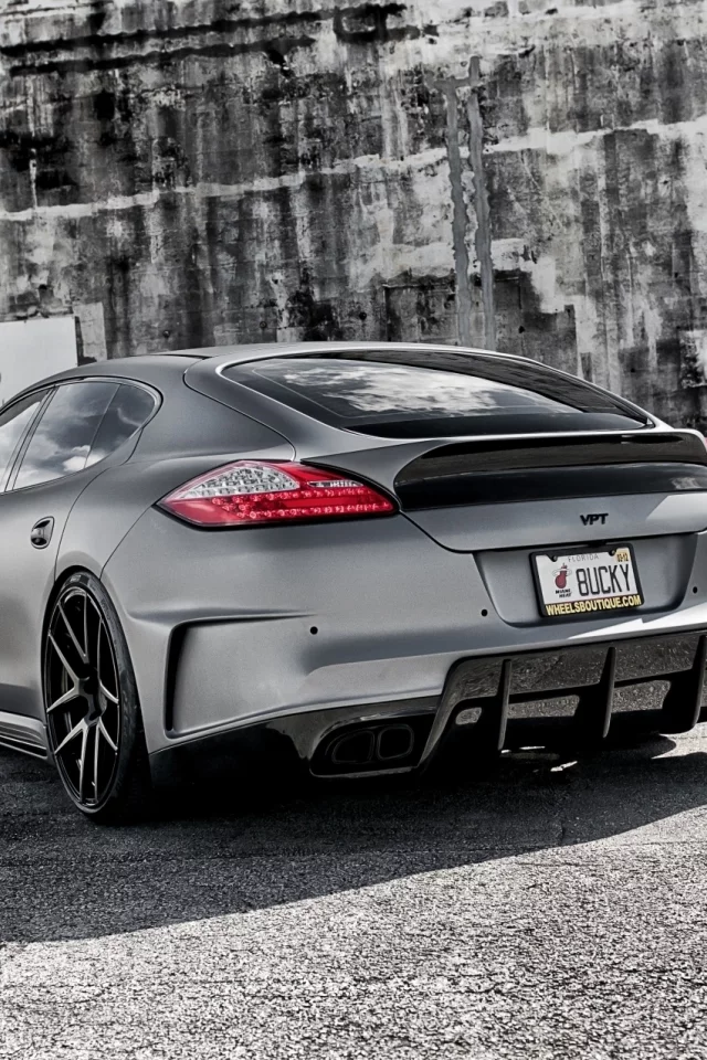 panamera, порше, серый, стена, панамера, porsche, тюнинг, turbo, турбо, суперседан, tuning, задняя часть