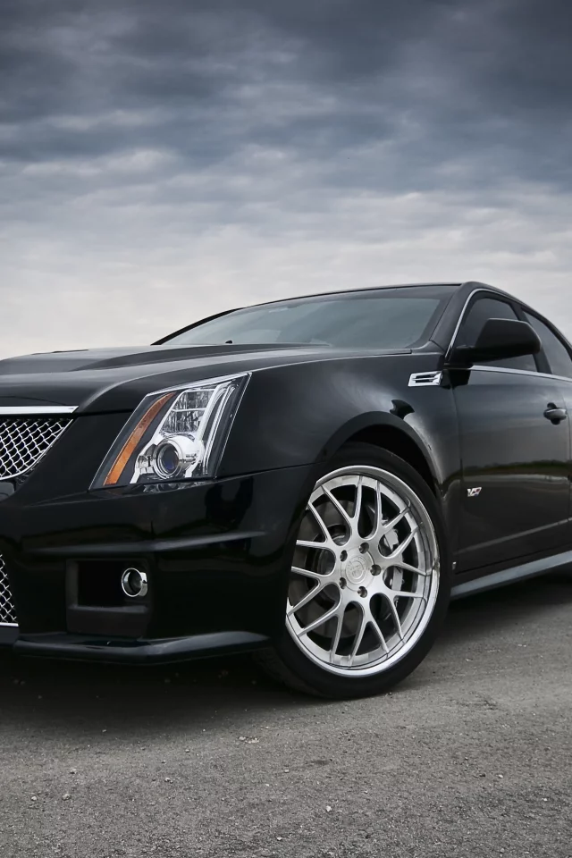 cadillac, тучи, чёрный, передняя часть, кадилак, black, облака, cts, асфальт, небо