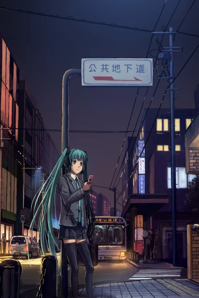 машины, улица, вокалоид, мобильник, vocaloid, вечер, девушка