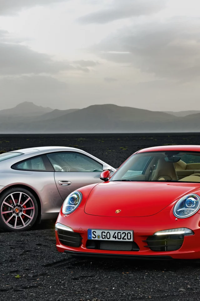 порше, 911, carrera, суперкар, серебристый, porsche, передняя часть, красный, задняя часть, карерра, горы, небо, 991