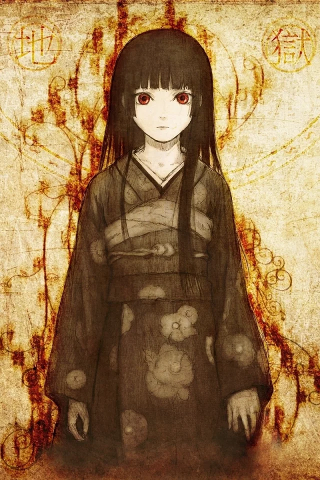 девушка, иероглифы, art, арт, jigoku shoujo, кимоно, enma ai,
