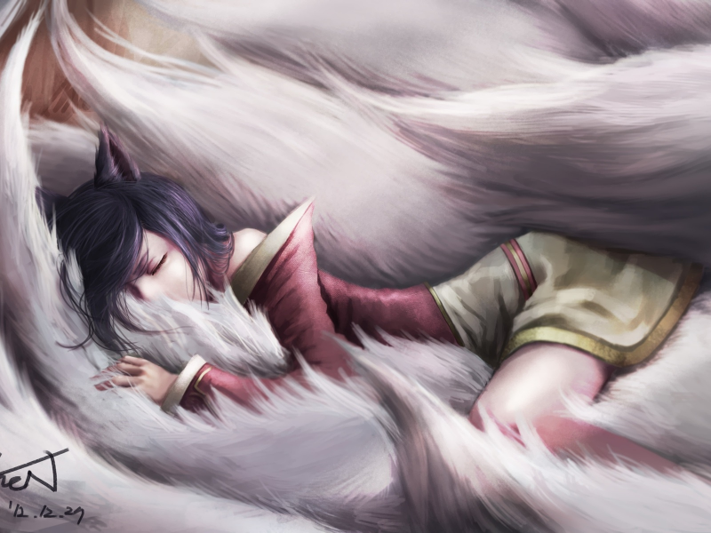 ahri , хвосты, league of legends, арт, сон, девушка, спит