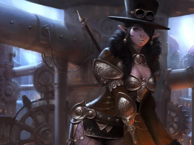 steampunk, шляпа, эльф, choi keun hoon, девушка, арт, стимпанк