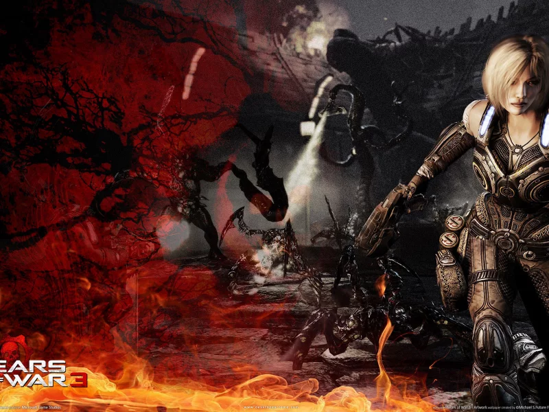 короткие волосы, огонь, красный, gears of war 3, тени, девушка, оружие, блондинка, кулон, чёрный