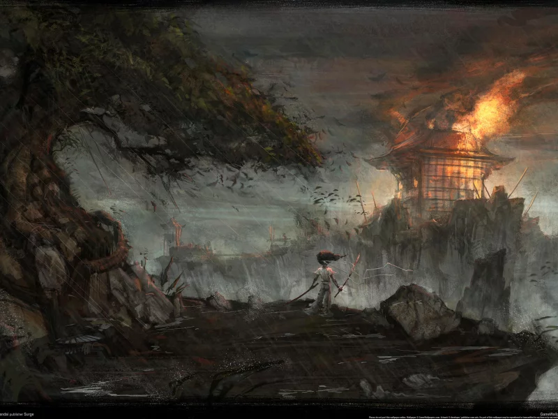 дождь, огонь, anime, afro samurai, аниме, афросамурай