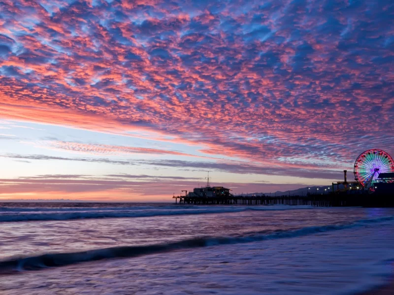 santa monica, море, вечер, горизонт, штат калифорния, санта - моника, сша, побережье, пирс, закат, небо