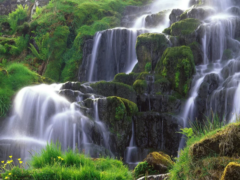 природа, водопад, камни, трава, каскад