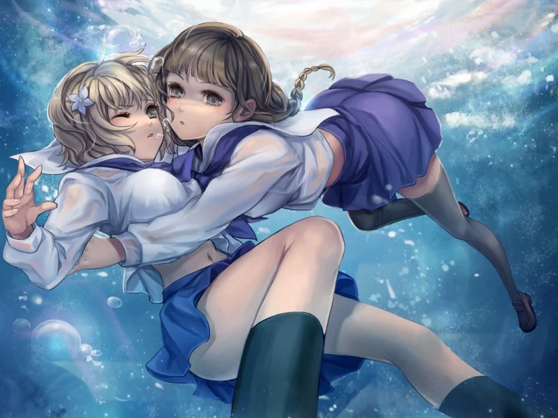 под водой, hanasaku iroha, чулки, девочки, цветок, oshimizu nako, пузыри, форма, matsumae ohana
