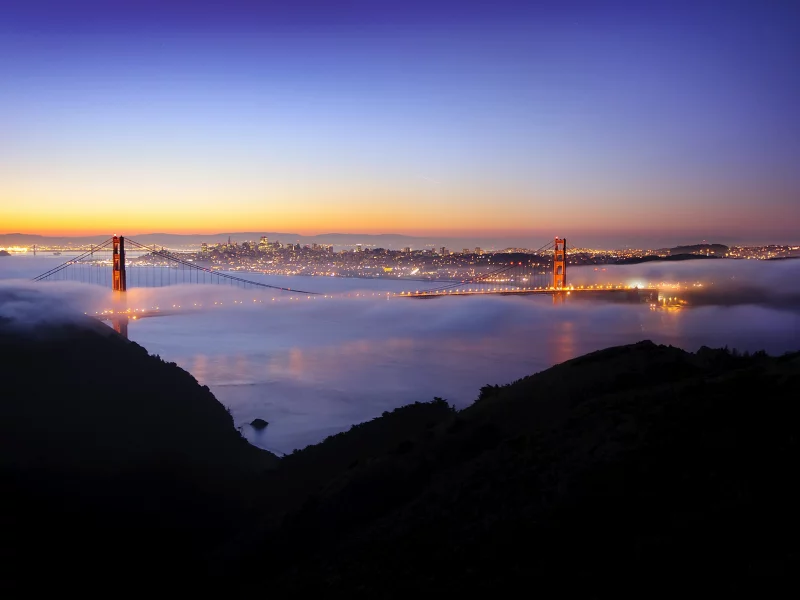 ночь, pacific ocean, сан-франциско, огни, golden gate, sunrise, san francisco, night, usa, bridge, калифорния, california