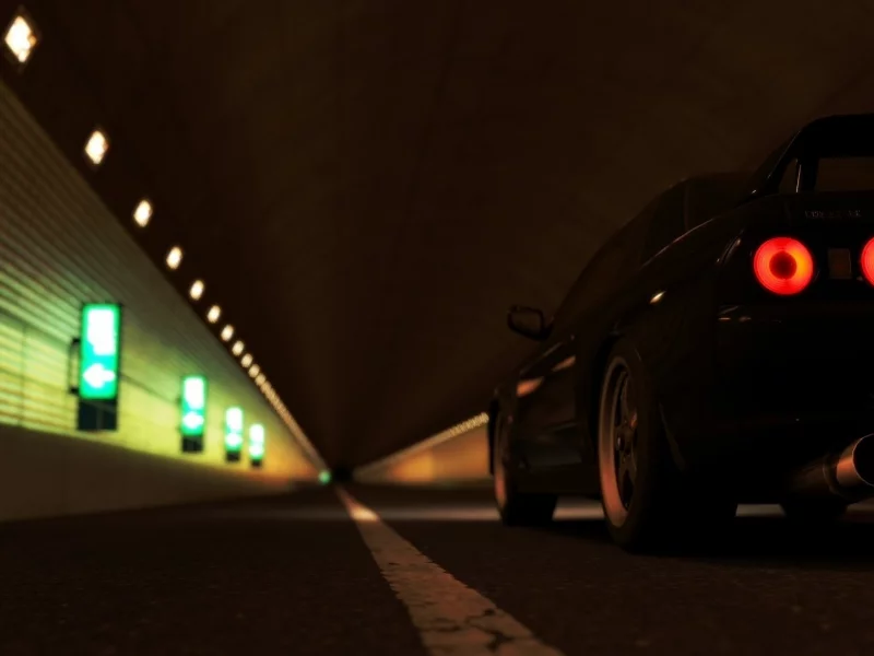 cars, auto, фары, дорога, skyline, тунель, свет, nissan