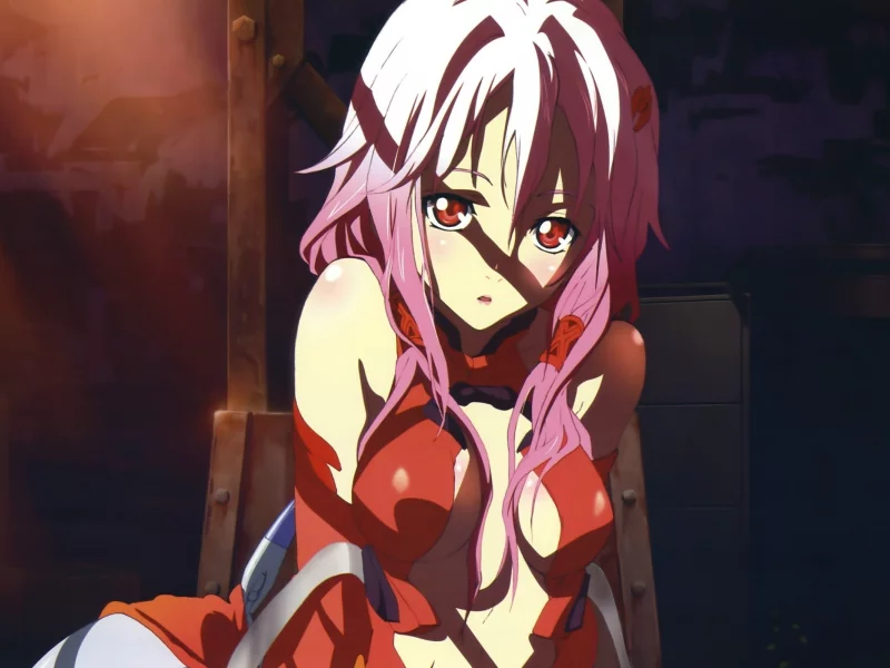 девушка, guilty crown, розовые волосы, взгляд