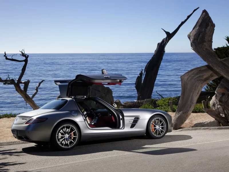 авто, mercedes-benz, деревья, море, дорога