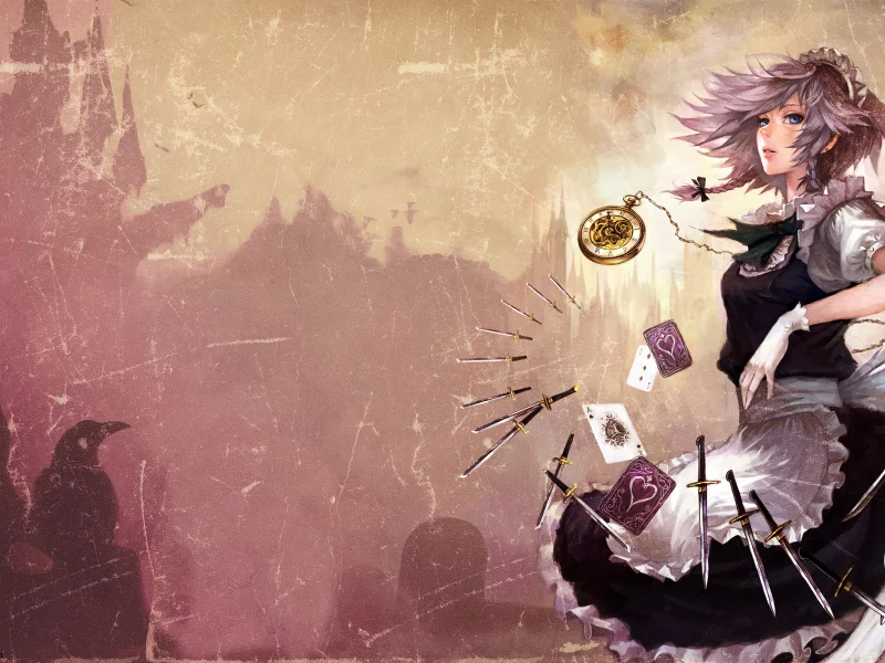 ножи, izayoi sakuya, часы, карты