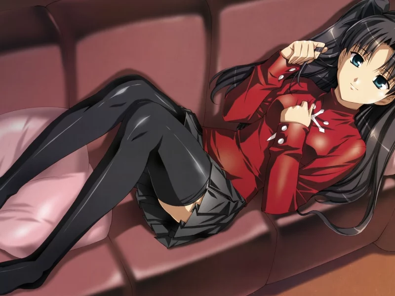 лежит, диван, tohsaka rin, девушка, взгляд, fate stay night