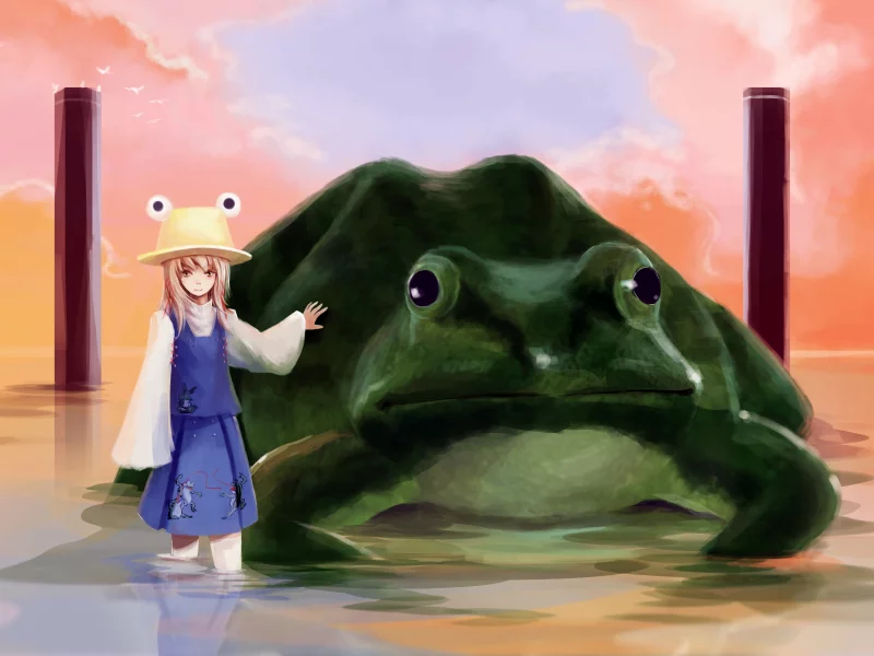 touhou, птицы, вода, колонны, облака, шляпа, лягушка, moriya suwako, жаба, девочка