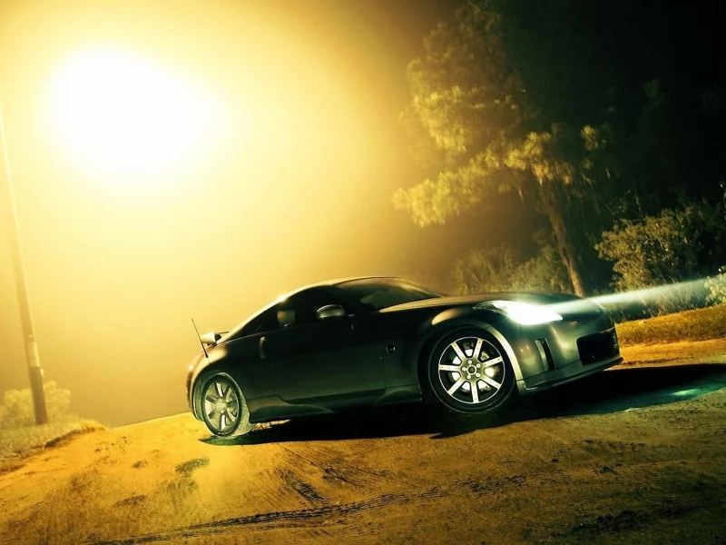 свет фар, nissan 350z, туман, дорога, лес