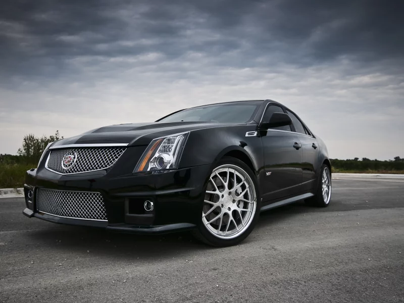 cadillac, тучи, чёрный, передняя часть, кадилак, black, облака, cts, асфальт, небо