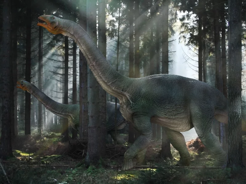 свет, лес, nemegtosaurs, динозавры, лучи