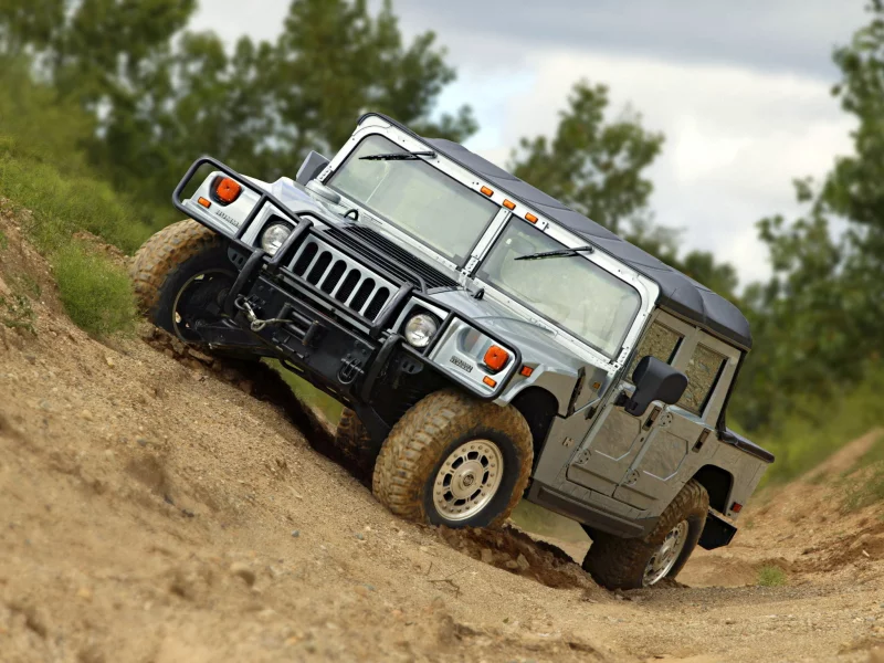 hummer, хаммер, внедорожник, h1, х1, offroad, джип, suv, серебристый, уклон, деревья