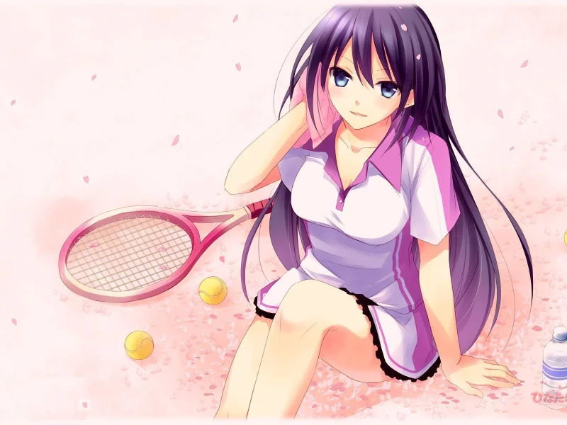 платье, tennis girl, мячики, аниме, теннисистка, девушка, ракетка, полотенце, лепестки, арт, розовые, спорт