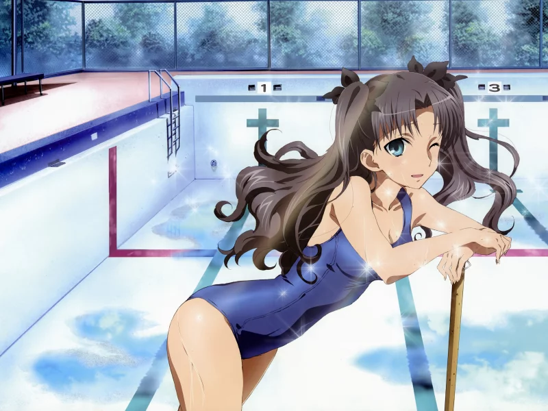 аниме, rin tohsaka, купальник, fate stay night, бассейн, плавание
