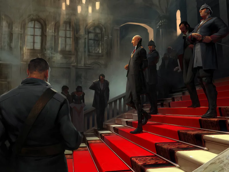 караул, красная, дворец, дорожка, ковровая, солдаты, ступени, форма, dishonored, люди
