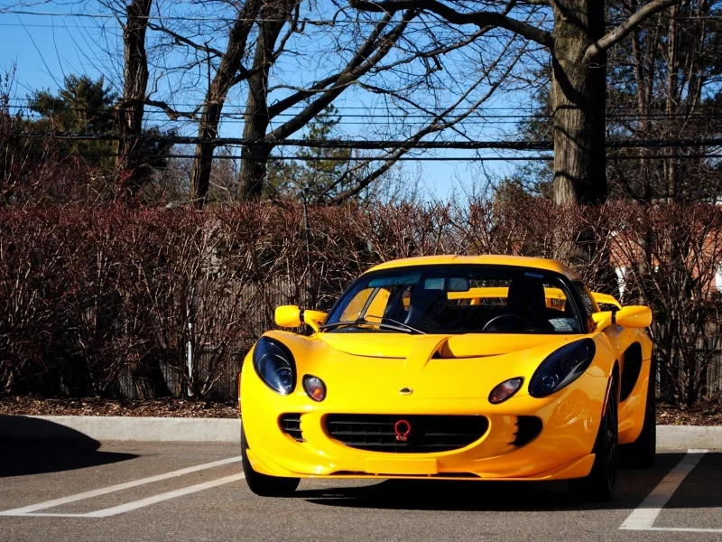 деревья, автомобиль, дорога, фары, lotus, листья, желтая, машина