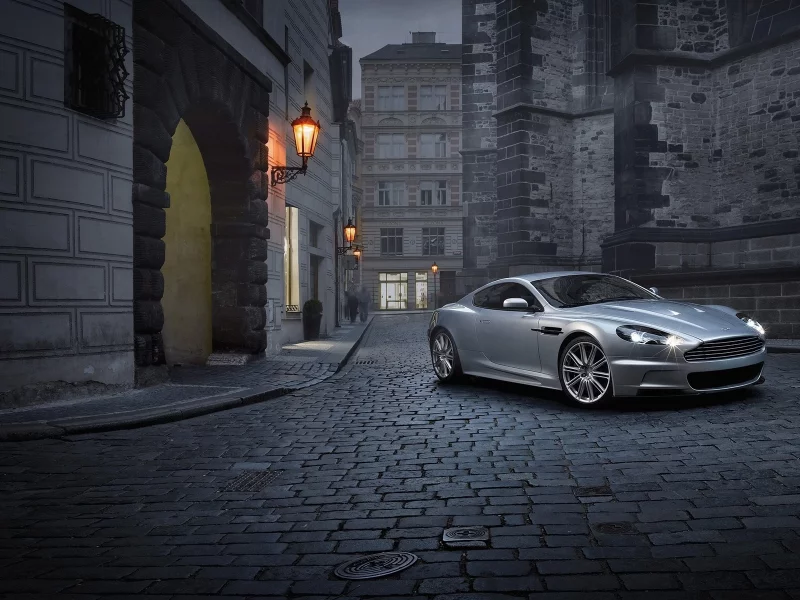 aston martin, вечер, астон мартин, город, улица, dbs, фонарь